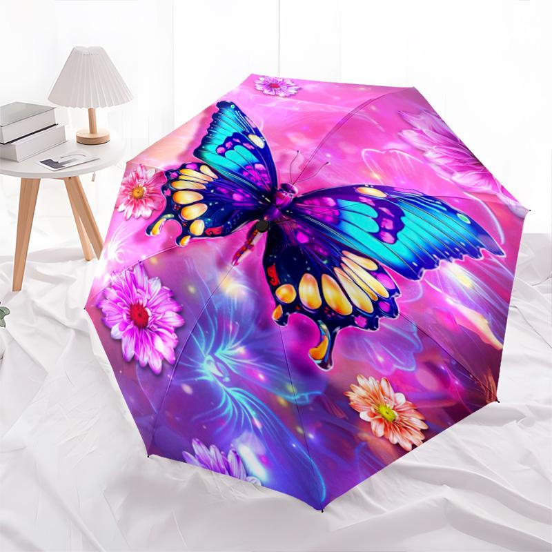 1pc Ladybugs, Butterflies Pattern Umbrella Portable Folding Umbrella Iron Frame Hole Bone Structure Outdoor Home Umbrella