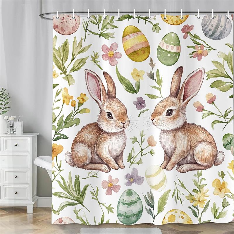 Spring Easter Bunny Shower Curtains Leaves Wildflower Watercolor Floral Rabbit Rustic Farmhouse Bathtub Bathroom Curtain Decor