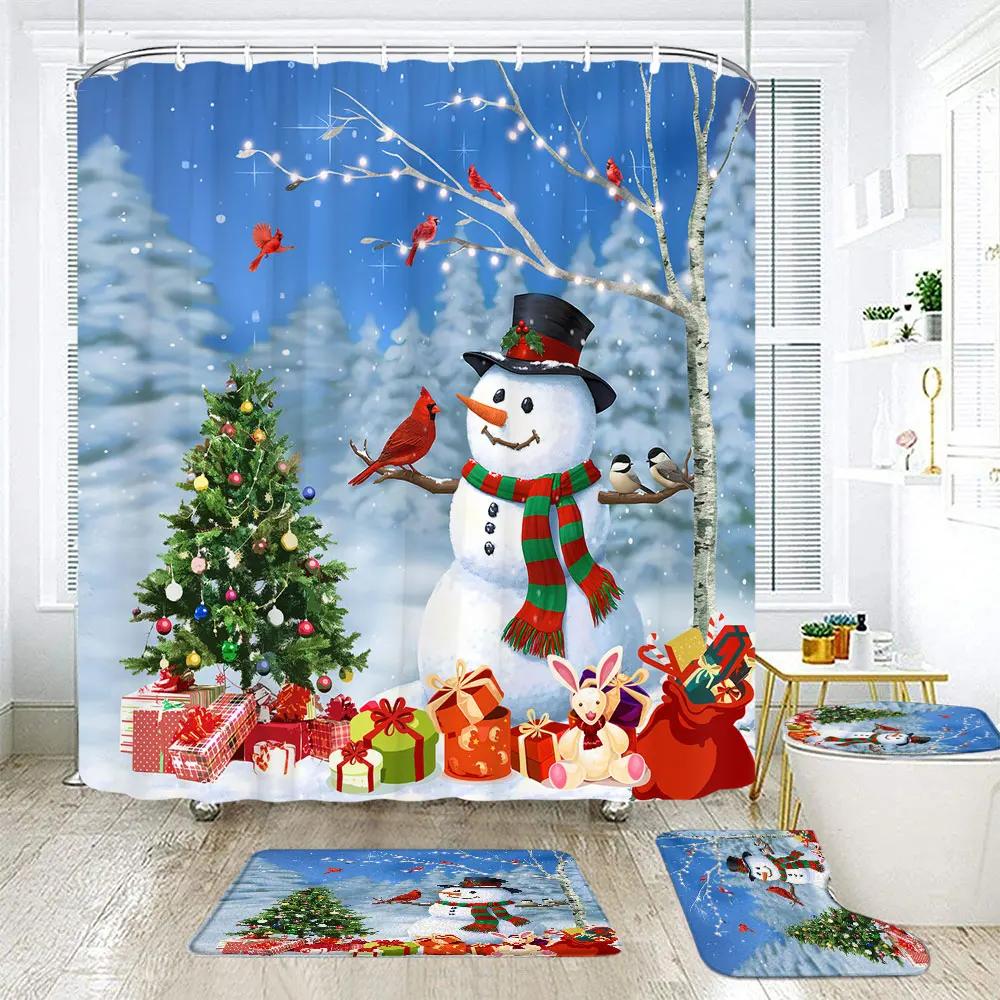 Christmas Elf Shower Curtain Rug Bathroom Set Snowman Fawn Xmas Gift Happy New Year Shower Curtain Set Bathroom Decoration