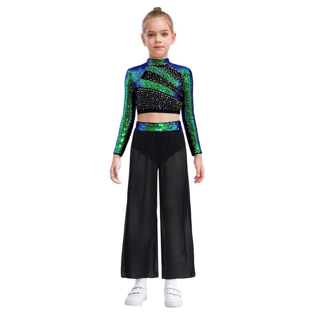Girls Performance Dance Set Mock Neck Long Sleeve Sequins Crop Top Flowing Chiffon Wide Leg Dance Pants