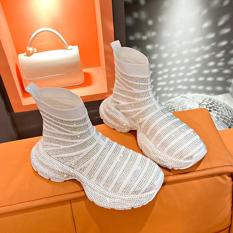 Fashion Luxury Thick Bottom Full Diamond Knitted Boots Fashionable Women's Designer Bare Boots High Quality Anti Slip Women's Sneakers