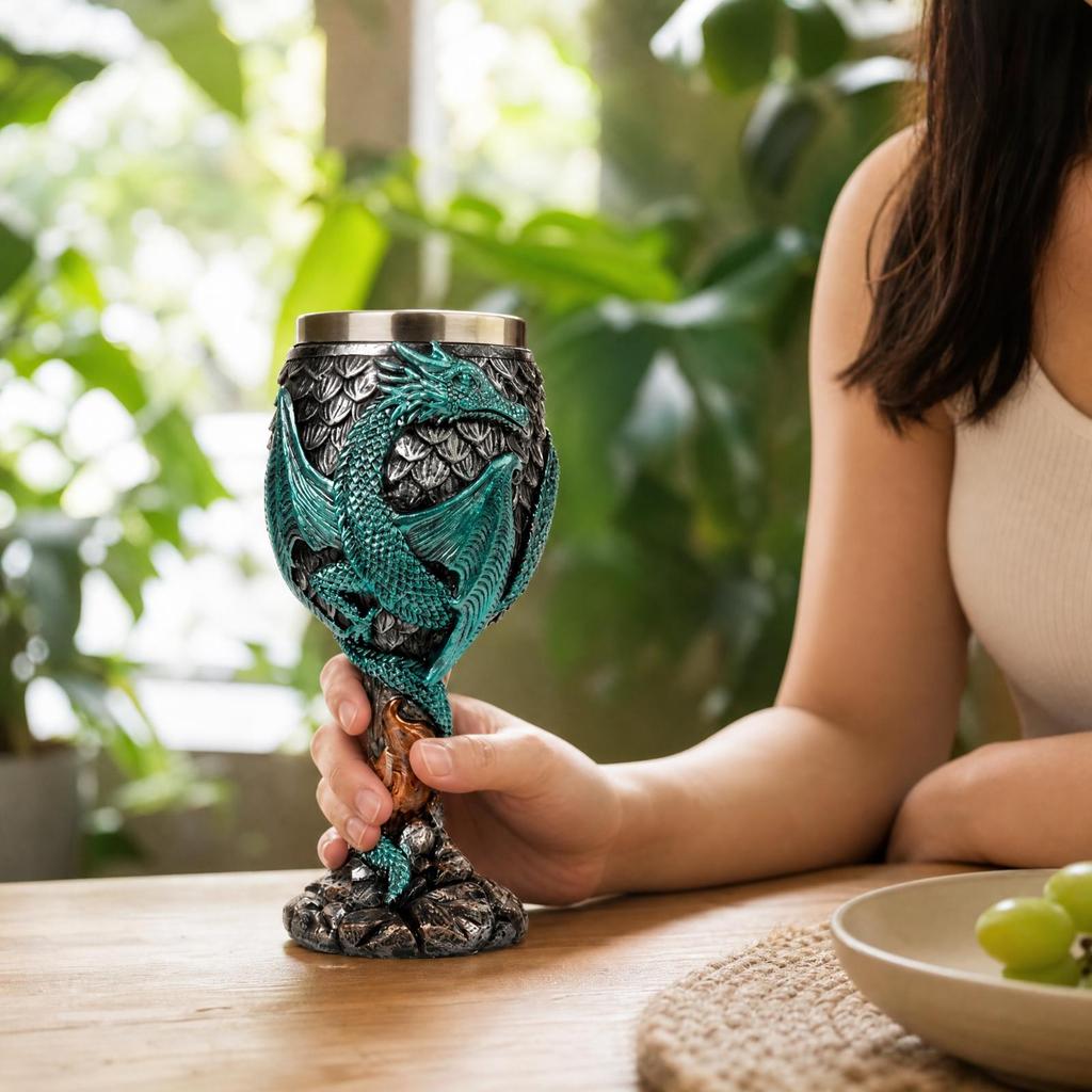 Resin Goblet with Stainless Steel Interior Decorative Dragon Embossed