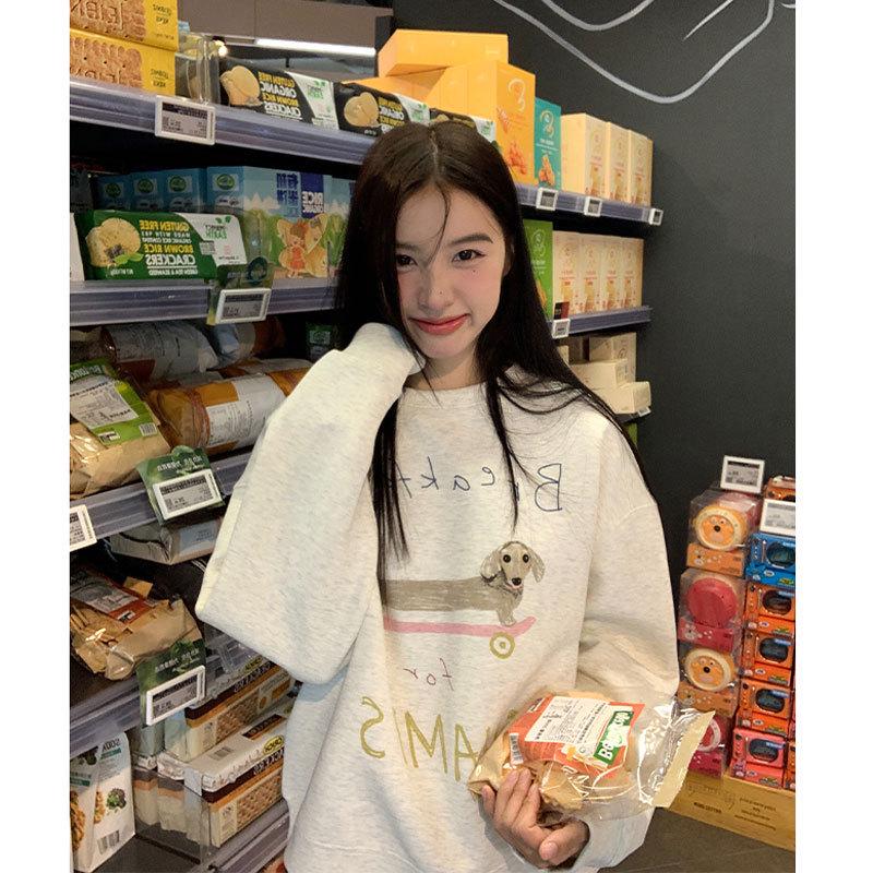 

Женский повседневный пуловер с круглым вырезом и принтом щенков для весны/осени 2XL (recommended for 140-160 jin) абрикосовый/серый