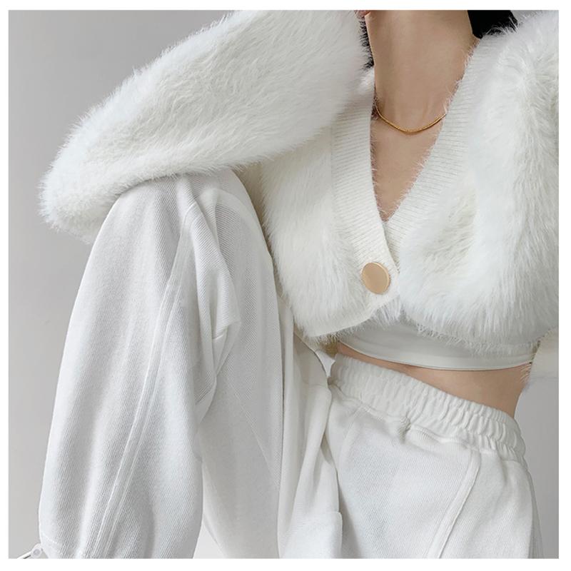 

Женский укороченный свитер с пуговицами, имитация меха норки, V-образный вырез, длинный рукав, свитер, однотонный кардиган, пальто для женщин 2024 года, осень-зима F белый
