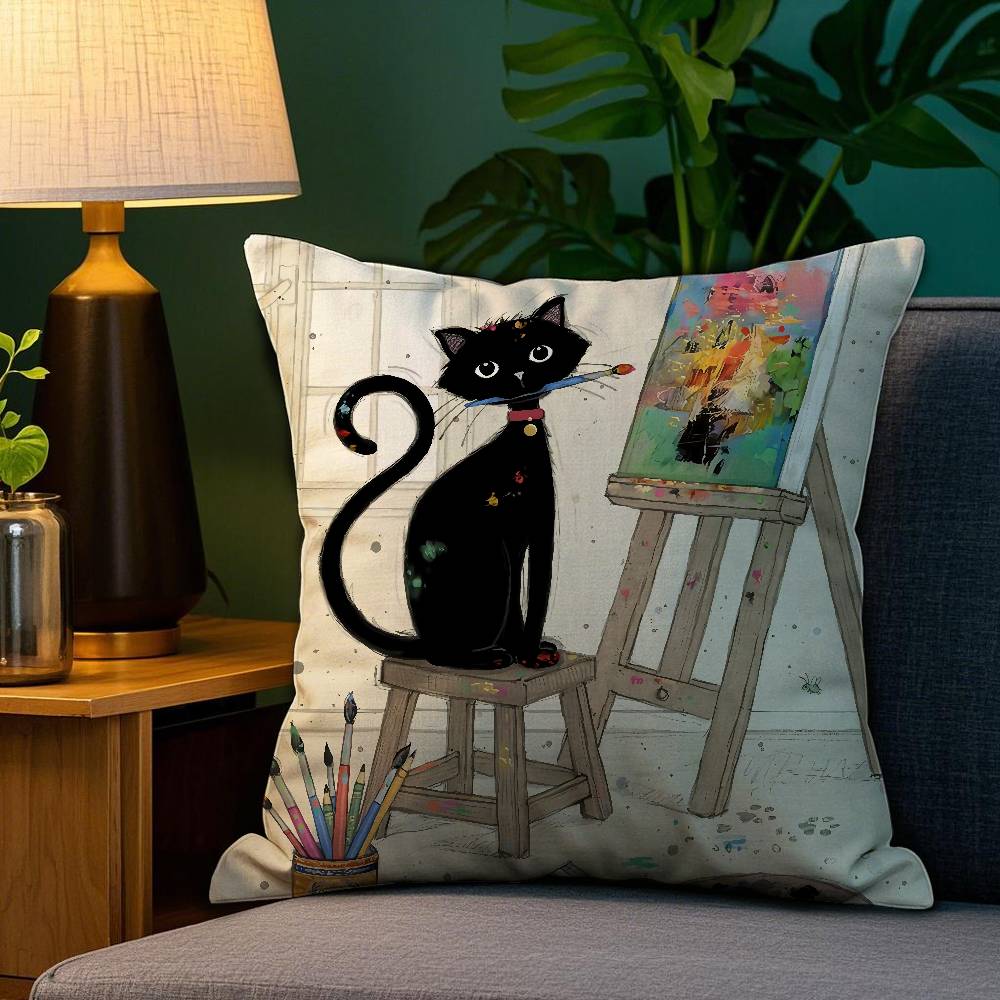Cartoon Little Black Cat Cute Pillow Case Home Double-sided Printing Short Plush Colorfast Microfiber Cushion Cover