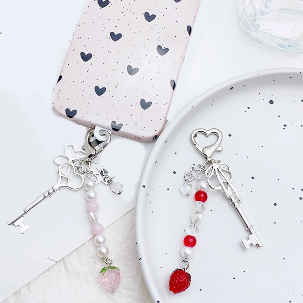 Sweet Cool Girl's Strawberry Heart Lock Butterfly Charm Keychain Bag Pendant Versatile Acrylic Alloy Accessory Keyring