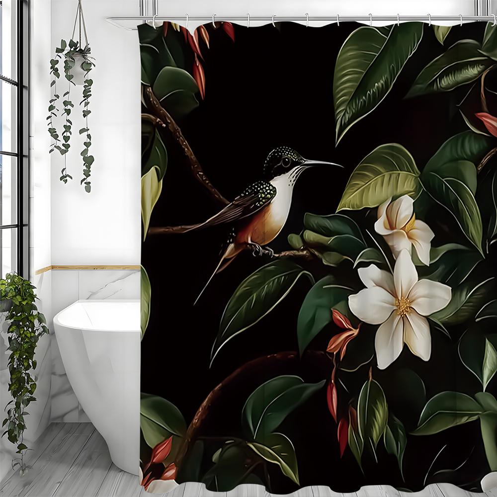 White Floral Hummingbird Leaf Shower Curtain, Bathroom Decorative Shower Curtain, Waterproof Shower Curtain with Hooks