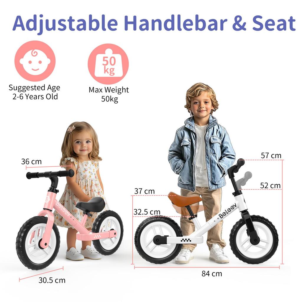 BELEEV 12-inch Kick Bike for Ages 2-6, Pedal-Free Run Bike with Lightweight Adjustable Seat and Handlebars, Illuminated Wheels, and Carrying Strap