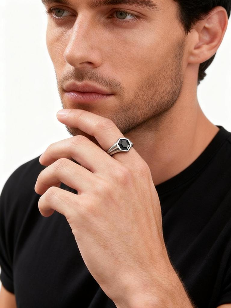 Sechseckiger Schwarzer Zirkonring für Herren, Edelstahl Antiksilber Farbe Geometrisches Band, Punk Statement Schmuck Geschenk