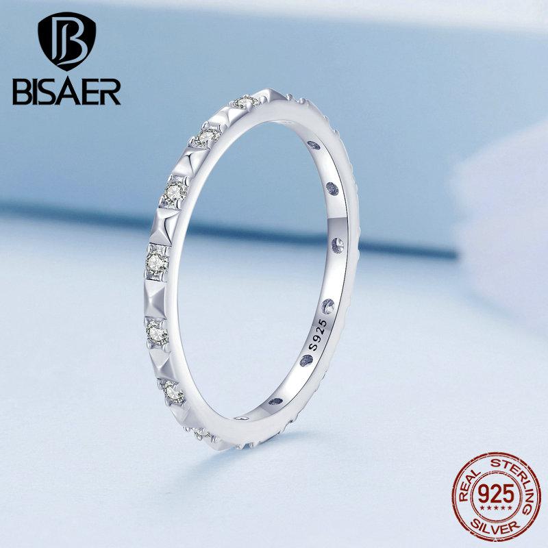 

BISAER кольцо на палец с заклепками из стерлингового серебра 925 пробы, простое кольцо Eternity с кубическим цирконием для женщин, ювелирные изделия 8