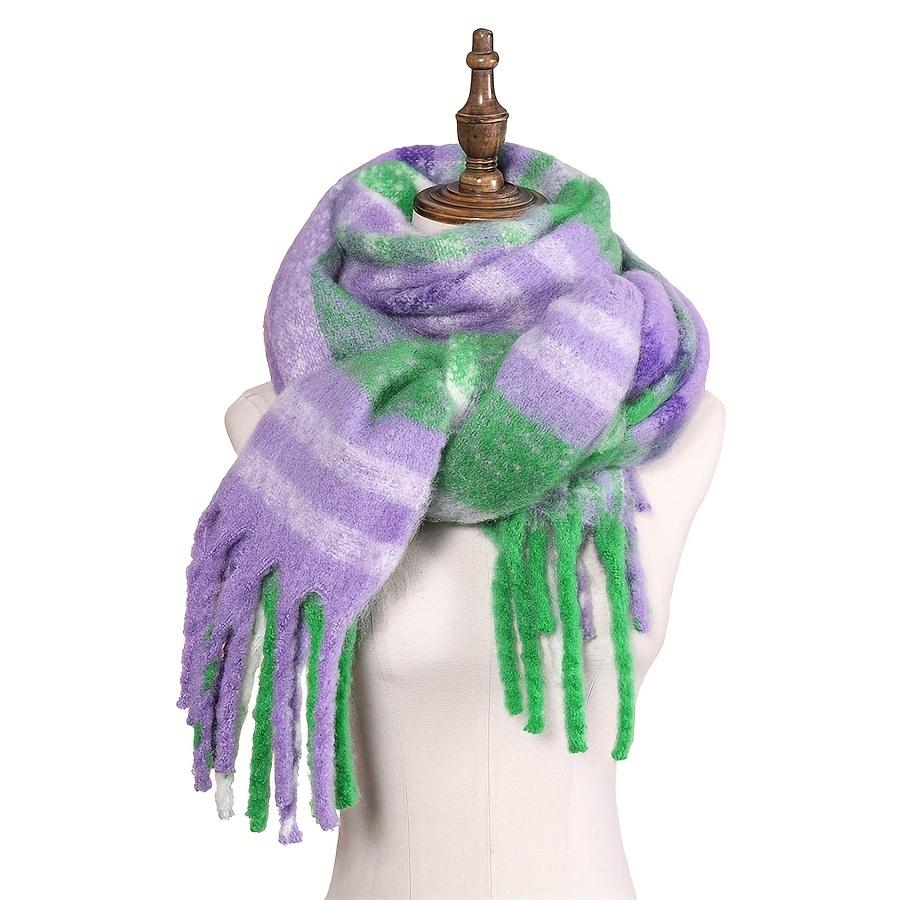 New Cozy Plaid Faux Cashmere Scarf Soft Thick Warm Long Tassels Scarves Autumn Winter Versatile Purple-Green Shawl