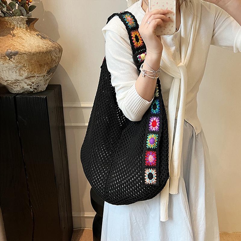 Large Capacity Crochet Tote Bag Ethnic Style Hollow Out Woven Bag Embroidered Strap Knitting Handbag For Female Travel AVE