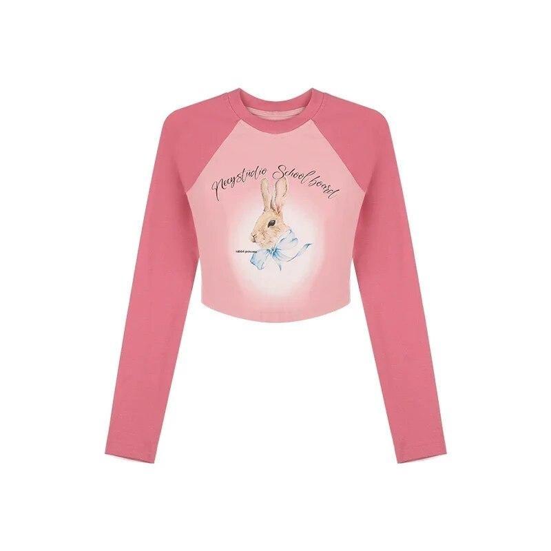 2KWEIRD Crop Tops Korean Woman Tshirts O-neck Long Sleeve Contrast Color Tunic Tees Fashion Casual Sweet Y2k T Shirt