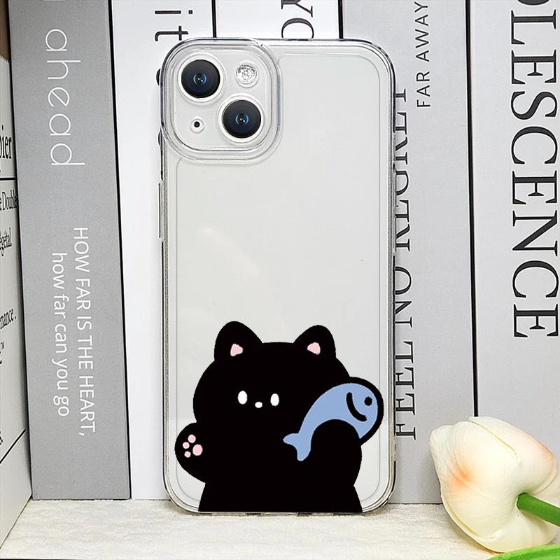 Funda de Teléfono Pareja Gato Pez Dibujo Animado Divertido para IPhone 16 15 14 11 12 13 Pro Max 7 8 Plus Mini XS XR Transparente Blanda Fundas