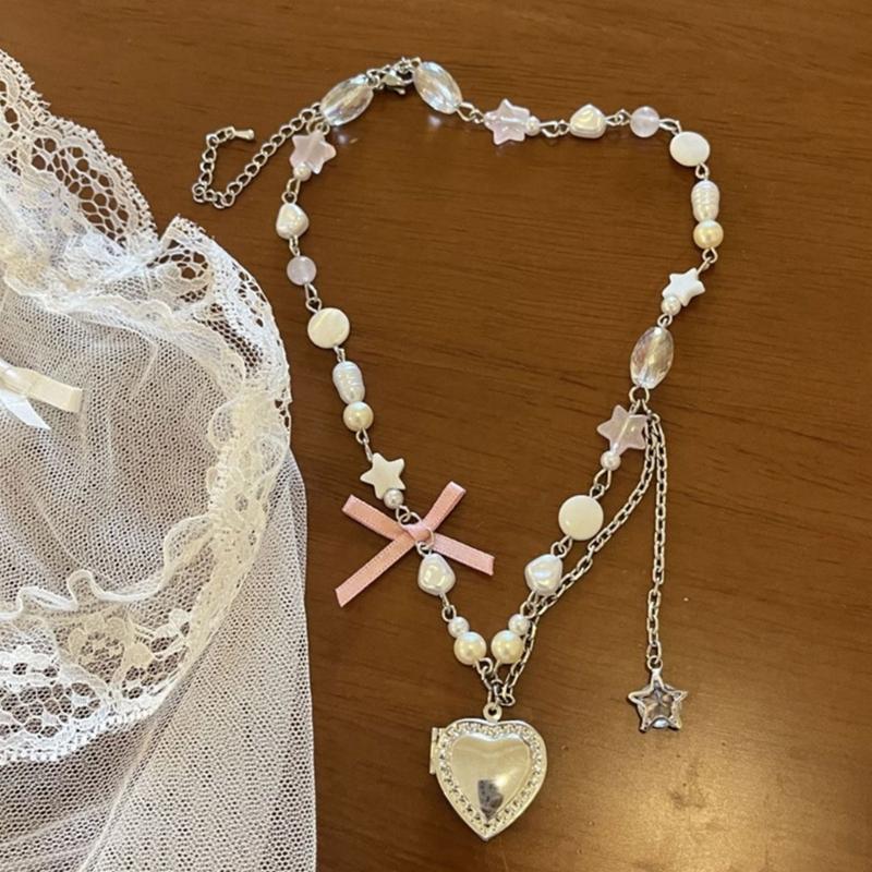 Vintage Goth Bowknot Heart Pendant Choker Clavicle Chain Necklace For Women Girl Punk Collar Aesthetic Y2K Jewelry Gift
