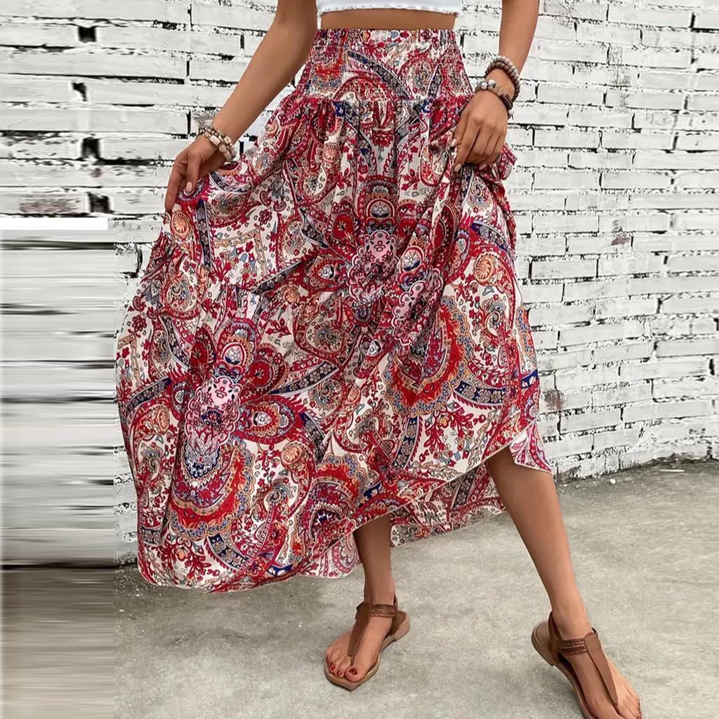 Women's Smocked Floral Maxi Skirts Summer Tube Dresses  Long A Line Pleated Beach Skirt