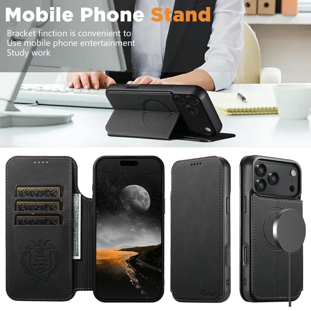 SUTENI J06 For iPhone 17 Pro Max Case Litchi Texture Leather Wallet Phone Shell Compatible with MagSafe