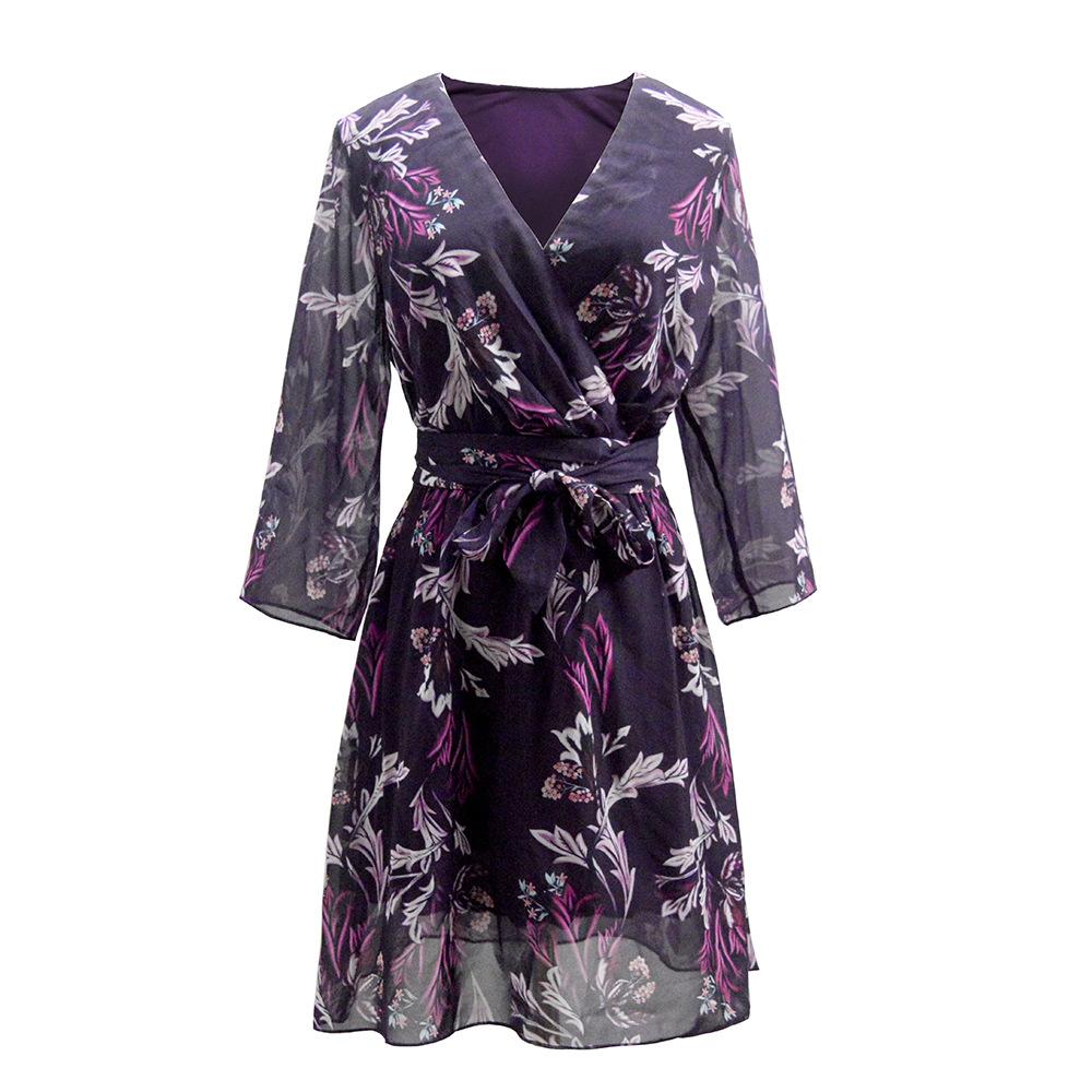 European and American printed sexy V-neck chiffon skirt women s autumn and winter dress S