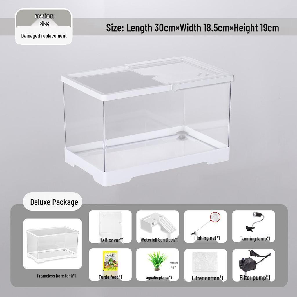Acvariu Compact pentru Broaște Țestoase cu Platformă de Soare - Habitat Elegant de Birou cu Capac pentru Afișare Ecologică în Sufragerie