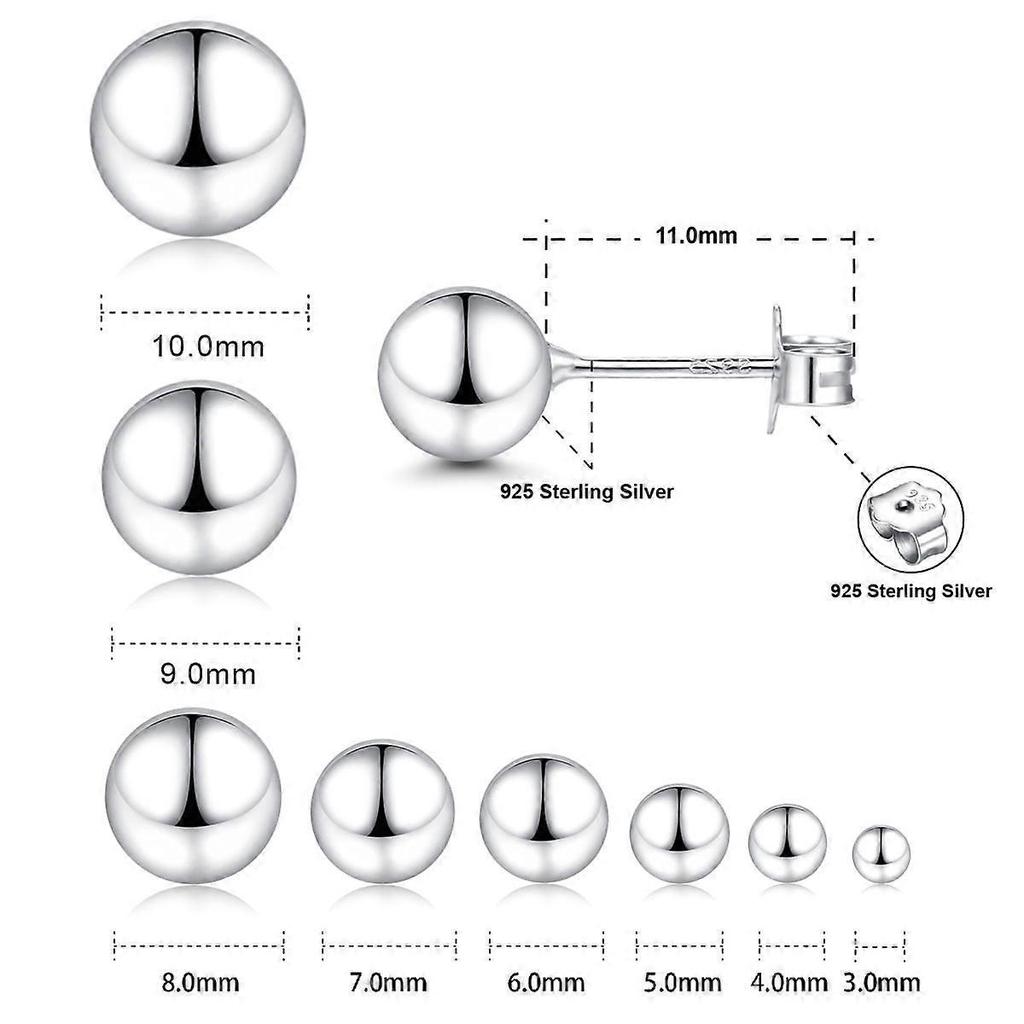 18K White Gold Plated Sterling Silver Ball Stud Earrings 8mm, Simple Polished Ball Studs Hypoallergenic Jewelry