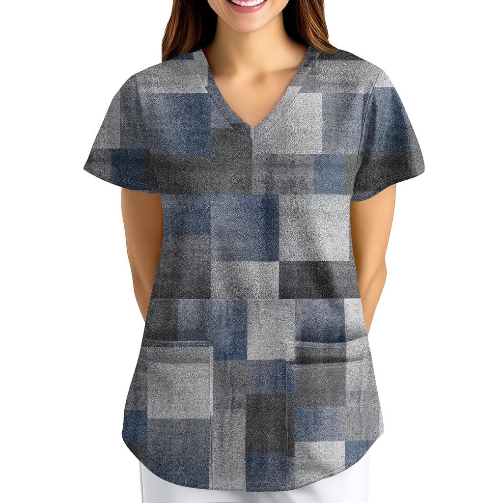 Plus SizePrinted Scrub Working Uniform Tops For Women's Cross V-Neck Print Short Sleeve Fun T-Shirts Workwear Tee With Pockets