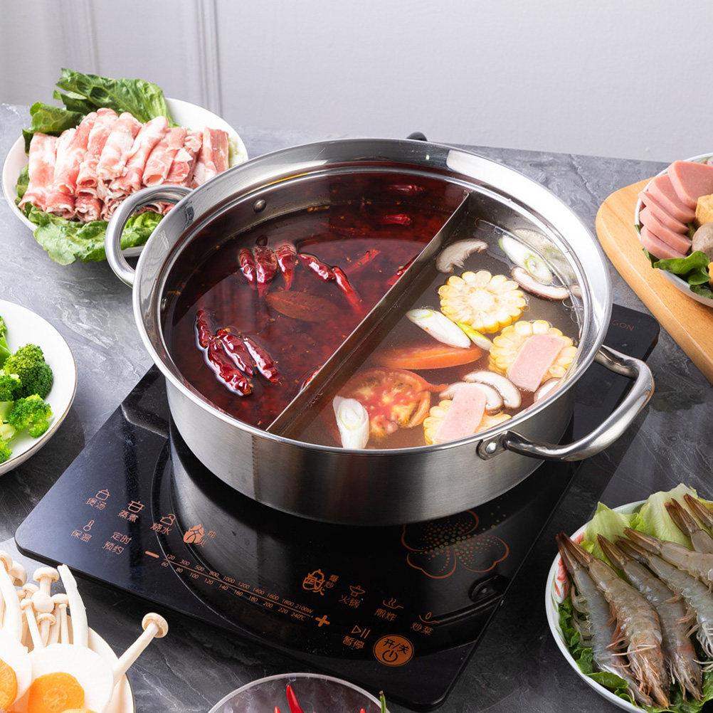 1Pcs Stainless Steel Hot Pot Basin Dual Compartment Shabu Pot with Vacuum Anti-Scalding Handle for Induction Gas Electric Stoves