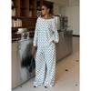 Womens Polka Dot Print Off Shoulder Long Sleeve Loose Casual Two Piece Sweatshirt Pant Set