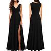 European and American Women's Clothing Sexy Black Dress Long Dress New Fashion Pleated Sleeveless Slit Tide