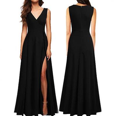 European and American Women's Clothing Sexy Black Dress Long Dress New Fashion Pleated Sleeveless Slit Tide