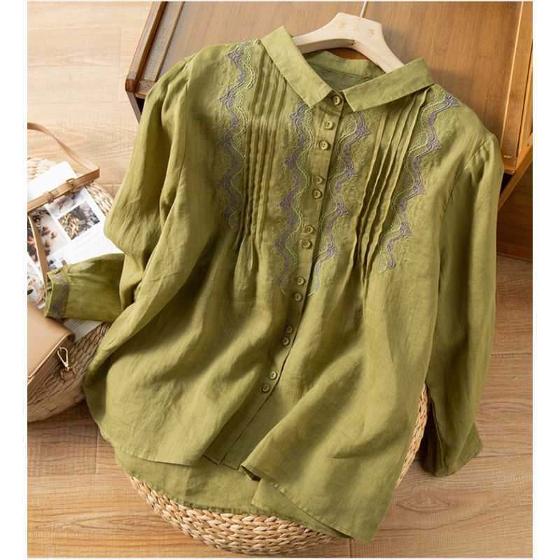 Spring Autumn Embroidery Cotton Linen Blouse Women Literary Vintage Long Sleeve Casual Shirt Cardigan Top