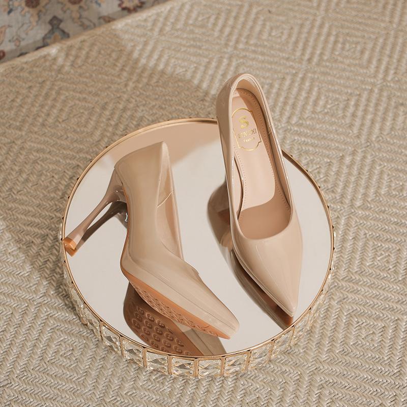 French Waterproof Table High Heels Women's Elegant Temperament Pointed Head Shallow Mouth Stiletto Single Shoes Versatile Height Increase Women's Shoe