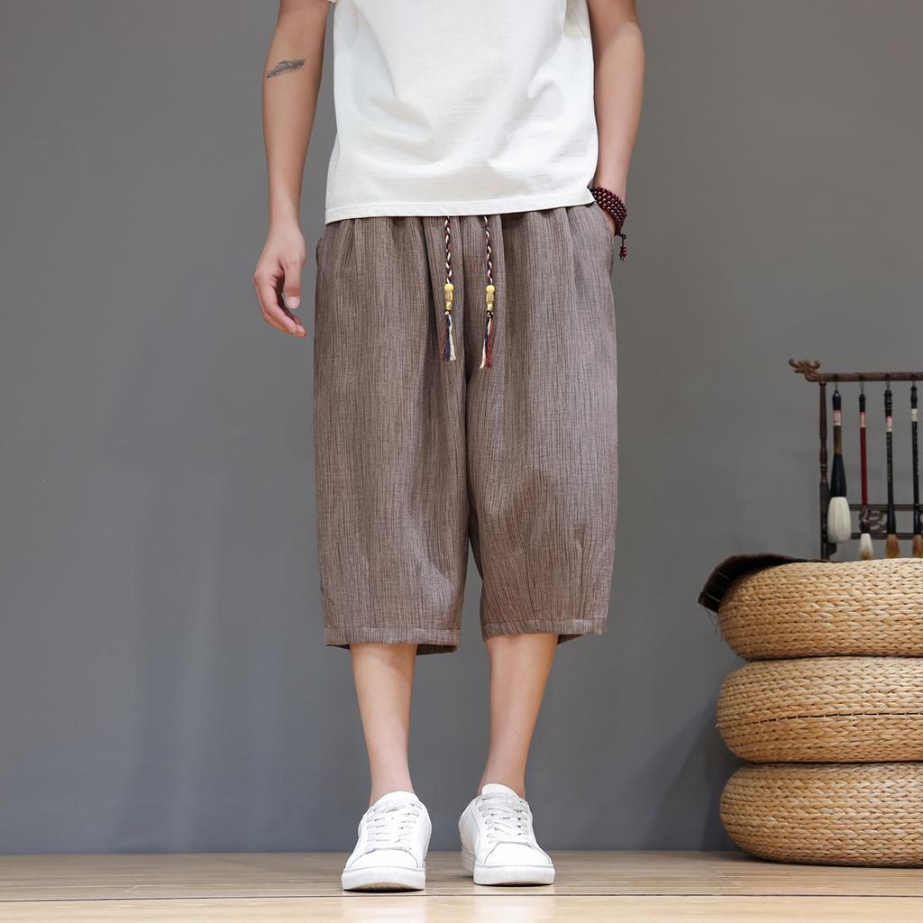 Summer Thin Men's Ice Silk Imitation Hemp Feel, Loose Casual Pants Striped Printed Cropped Pants