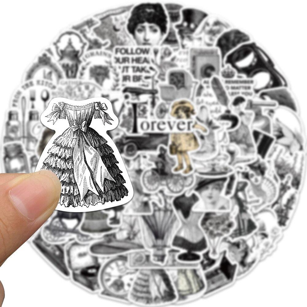 10/64pcs Retro Black White Art Stickers Vintage Cartoon Graffiti Stickers for DIY Luggage Laptop Skateboard Motorcycle Bicycle Sticker