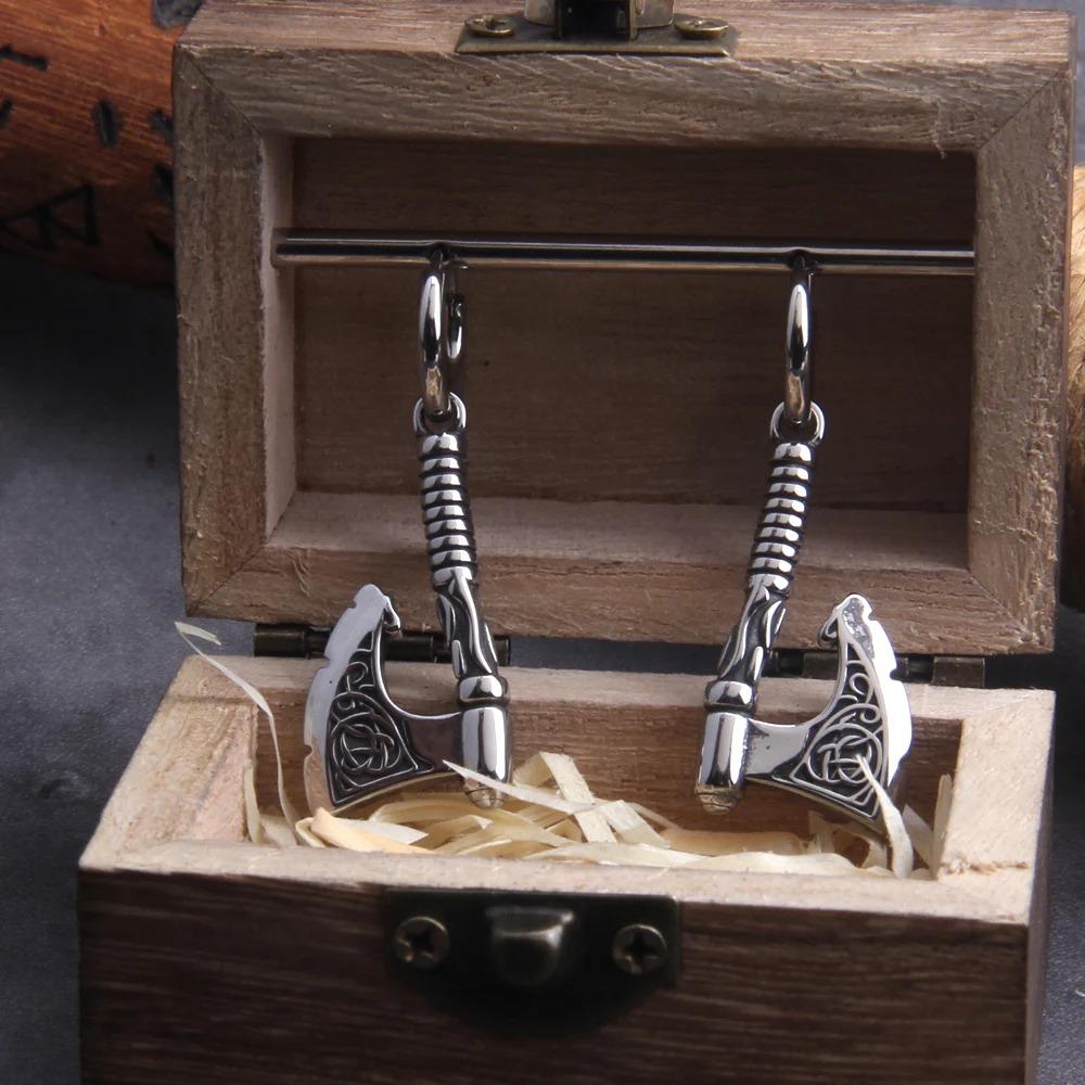 Vikings Jewelry Hip Hop Punk Axe Drop Earrings Fashion Celtic Knot Rune Amulet Earrings Rock Biker Boys Stainless Steel