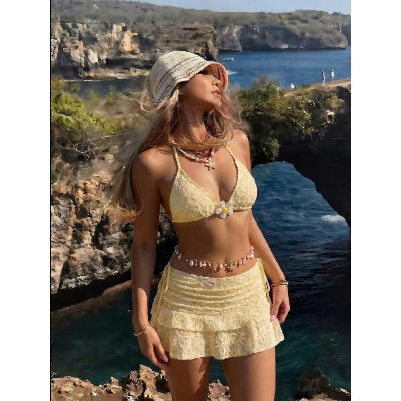 Women Flower Embroidered Three Piece Bikini Swimsuit For Beach Vacation