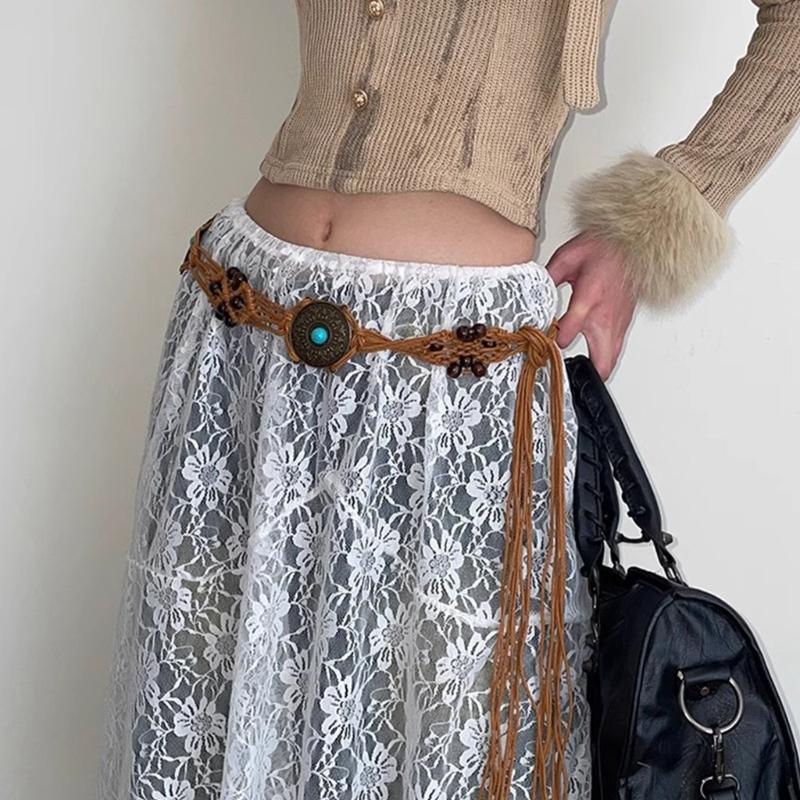 Woven Fringed Chain Belt for Women Adjust LaceUp WaistBand Fashion Rope Belt for Girl Bohemian Style Waist Decors
