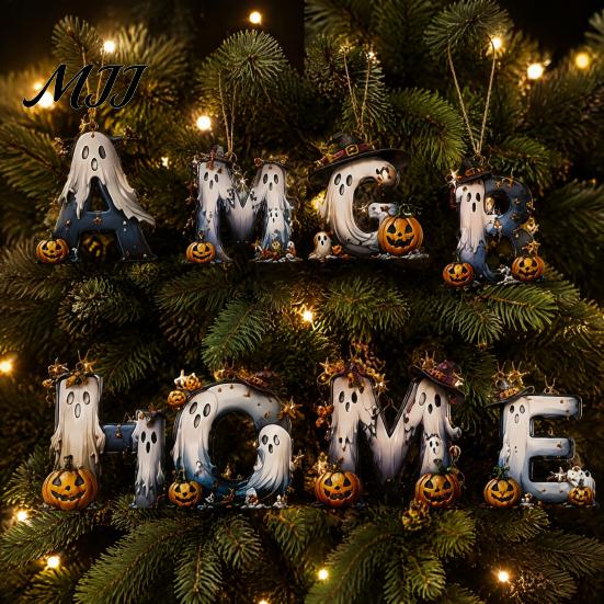 Holiday Scenery for Cafes Hotels Halloween Letter Ornament, Spooky Hanging Wooden Alphabet Letters Pendant with Ghost Creative Photo Prop Wall