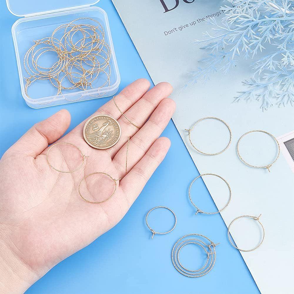36Pcs 3 Size Ion Plating(IP) 316 Surgical Stainless Steel Hoop Earrings Findings Wine Glass Charms Rings Nickel Free Golden 25~34x21~30mm Pin: 0.6mm