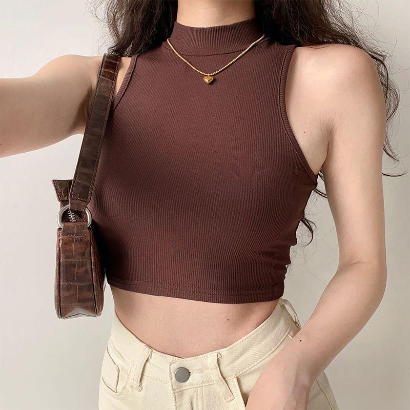 Women's American Retro Sleeveless High Collar Crop Top - Slim Fit, High Waist, Elastic, Navel-Baring.