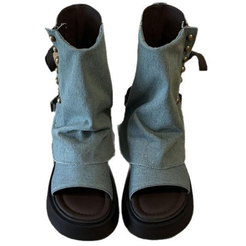 New Denim Rivet Open-toe Cool Boots Thick-soled Muffin Trousers Boots Thin Boots Small Women's Shoes