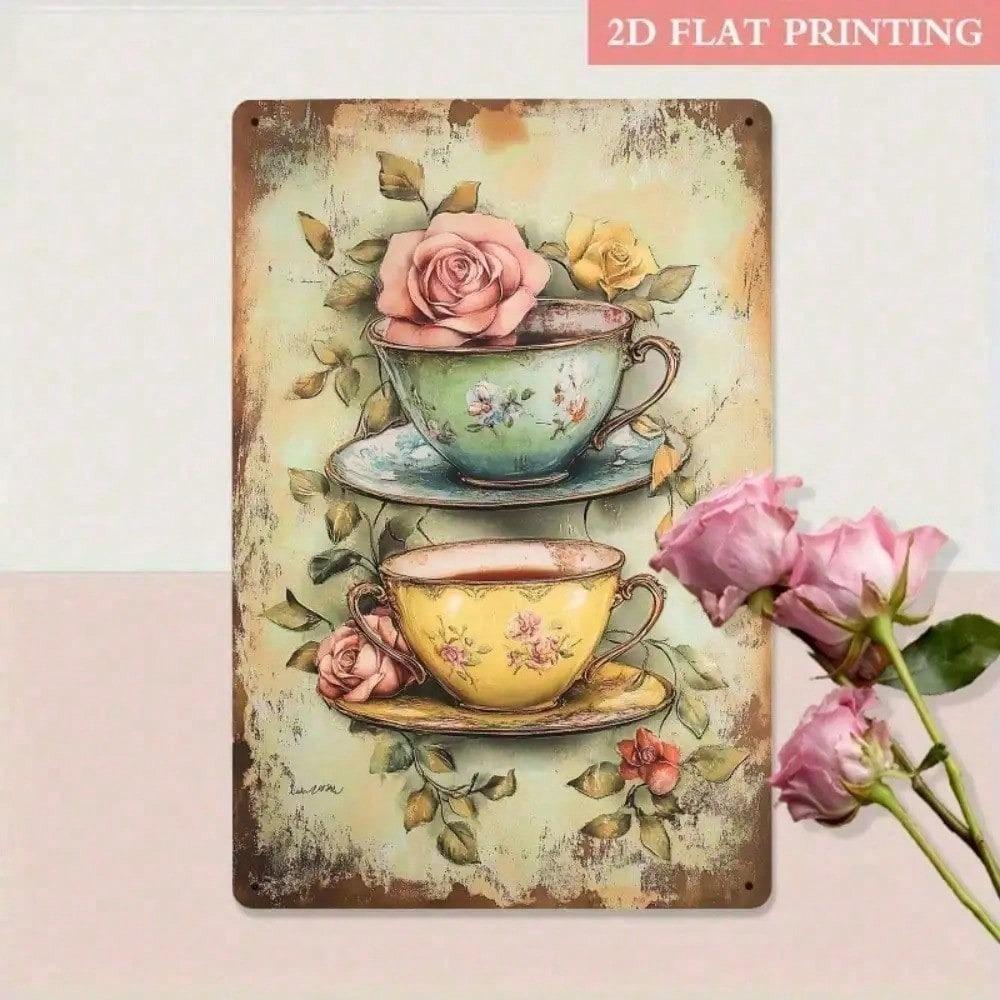 Vintage Metal Teacup Wall Art, Rustic Floral Farmhouse Plaque for Kitchen Bathroom Home Decor