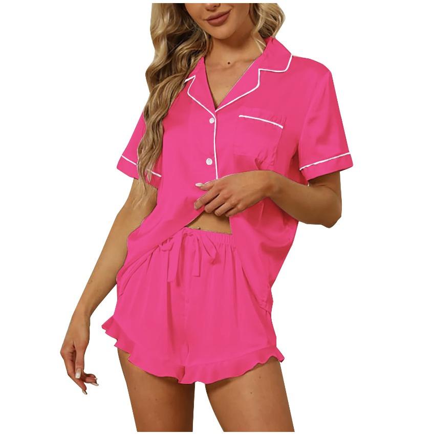 2026 Women Solid Color Pajama Set, V-Neck Short Sleeve Shirt Lapel Loose Loungewear Set S