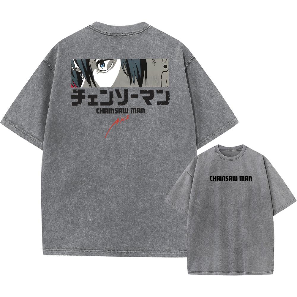 Chainsaw Man Anime Manga Koszulka Washed z Krótkim Rękawem Oversize T-Shirty Nowość Męskie Topy Streetwear z Nadrukiem