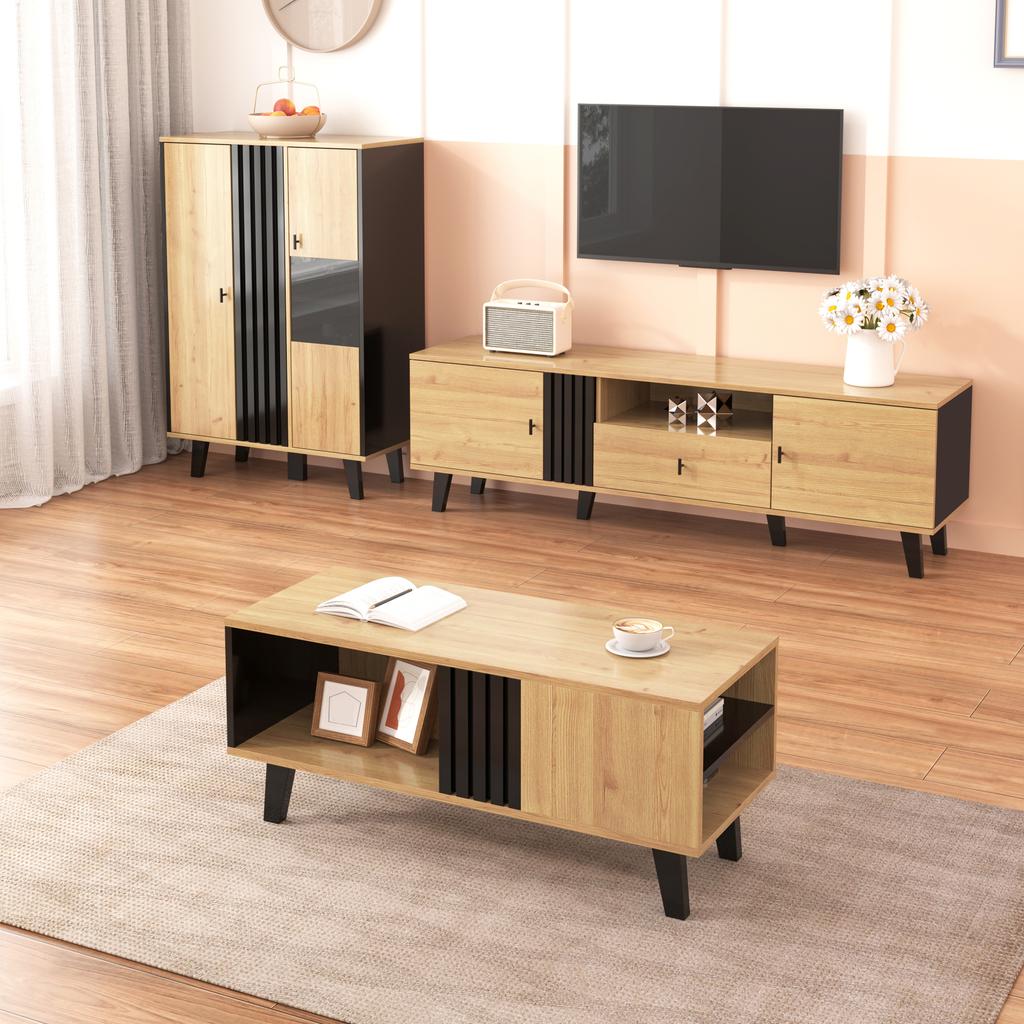 Side Cabinets, Sideboard, Display Cabinets with Glass and LED Lighting. Black and Wood Colors, Black Wood Strip Design [OLD SKU:WF313229230SAA]