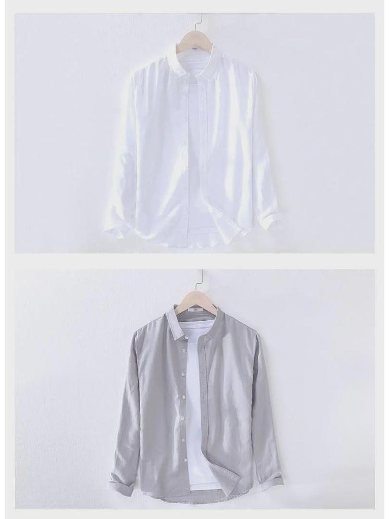 Men's White Long-Sleeve Linen Shirt - Casual Spring/Summer Lapel Style
