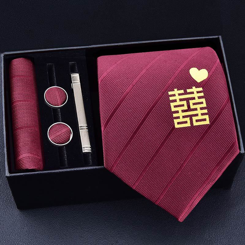 Gift Box Men'S Tie Square Scarf Cufflinks Tie Clip Five-Piece Set, Formal Business Blue Stripes