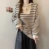 Women's Fleece-Lined Striped Half-Zip Polo Hoodie, Korean & Hong Kong Style, Loose Fit, Retro Chic, Perfect for Autumn & Winter