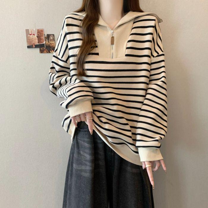 Women's Fleece-Lined Striped Half-Zip Polo Hoodie, Korean & Hong Kong Style, Loose Fit, Retro Chic, Perfect for Autumn & Winter