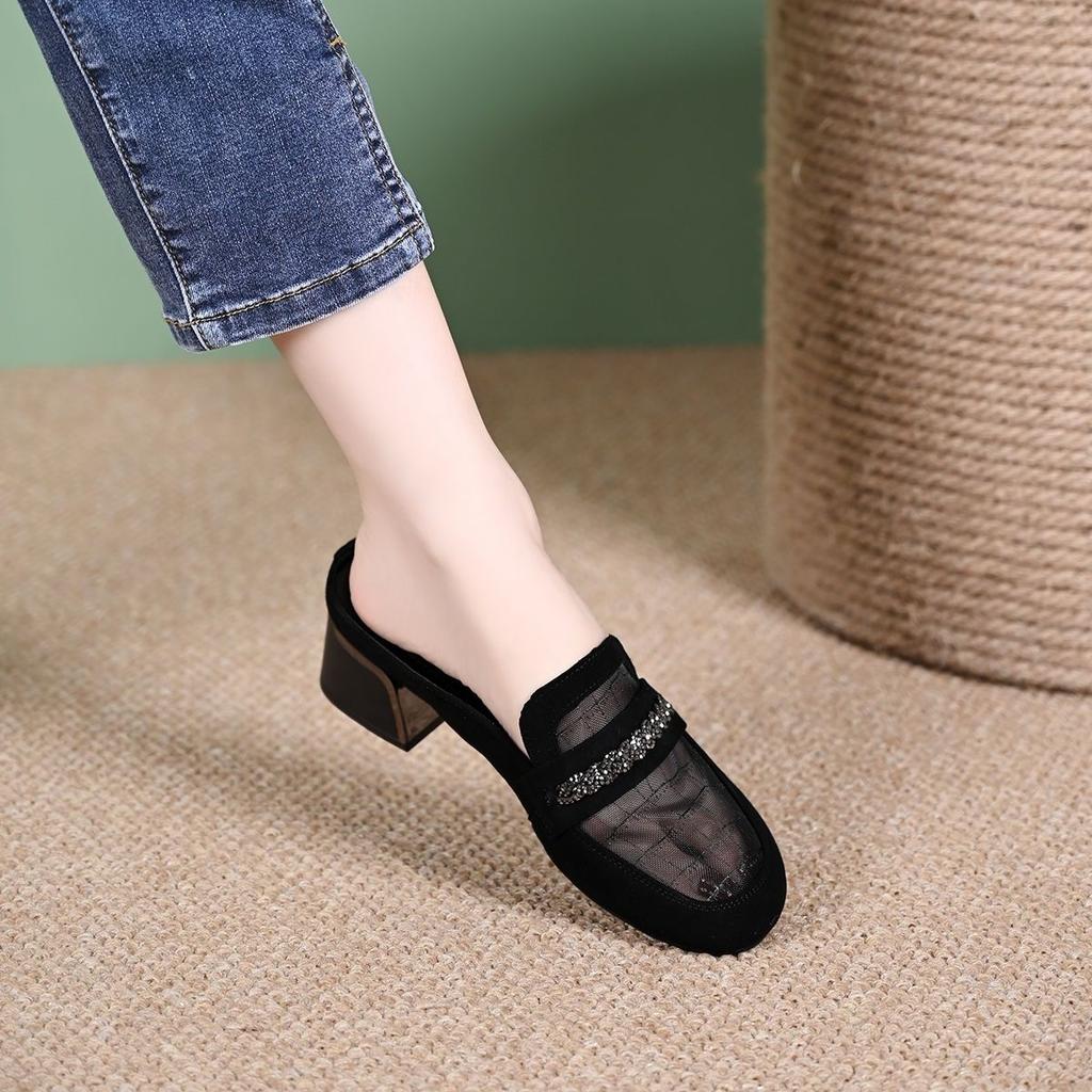 Mesh Semi Drag Women's New Summer Round Toe Thick Heel Hollow Toe Sandals