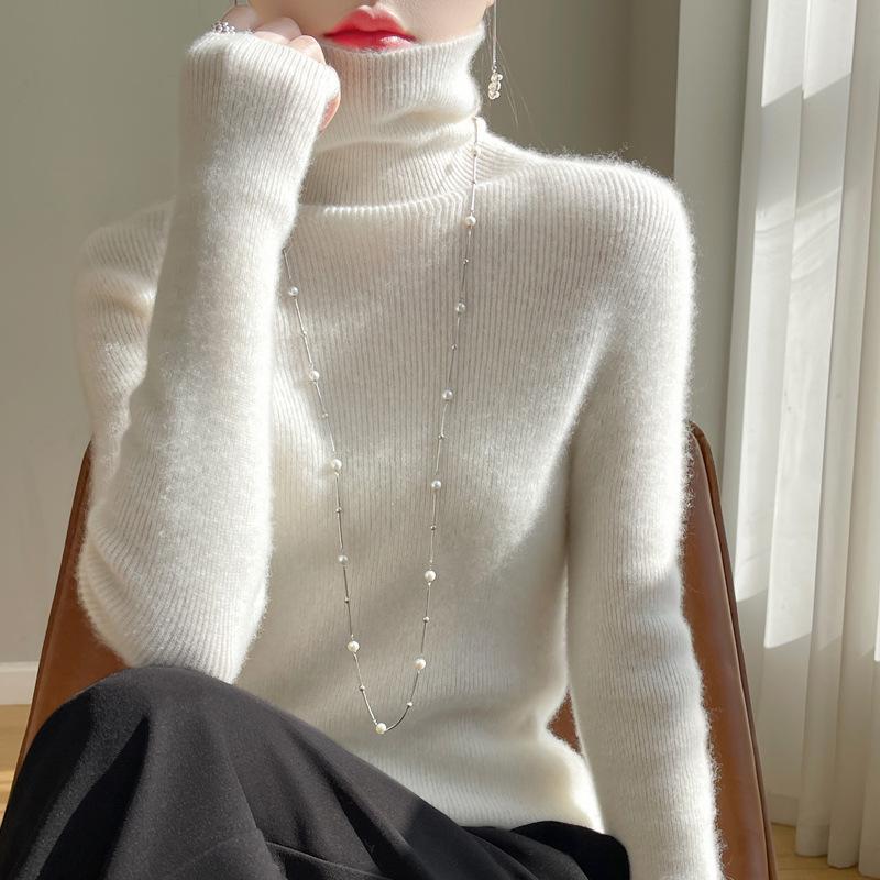 Women’s High Neck Wool Sweater 2025: Slim Fit, Pure Color, Fashionable Base Layer Knit.